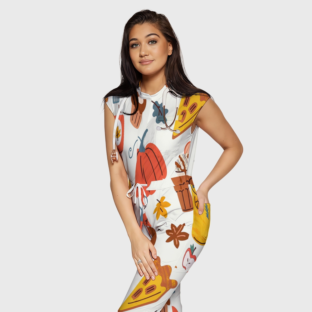 Women's Twelve Pockets Jogger Thanksgiving Series Printed Scrub Jumpsuit TJ10218