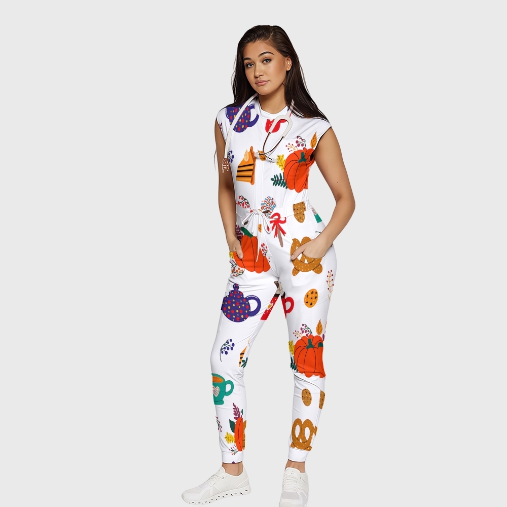 Women's Twelve Pockets Jogger Thanksgiving Series Printed Scrub Jumpsuit TJ10219