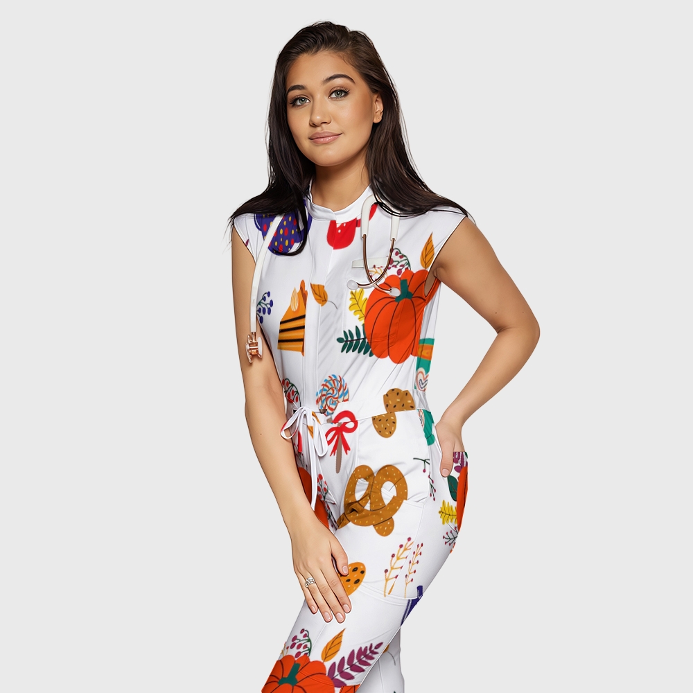 Women's Twelve Pockets Jogger Thanksgiving Series Printed Scrub Jumpsuit TJ10219
