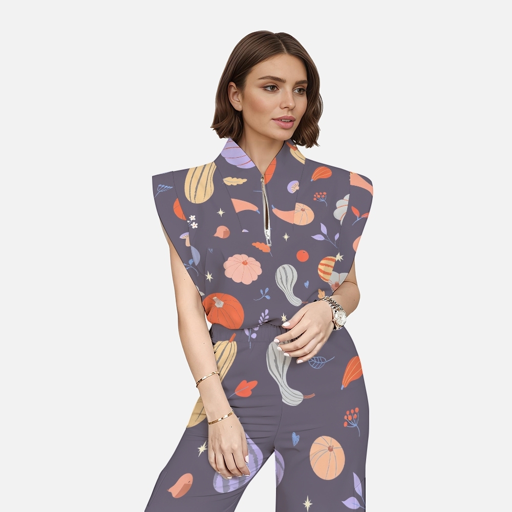 Women's Stand-Up Tie Zipper Thanksgiving Series Printed Scrub Set TS10231