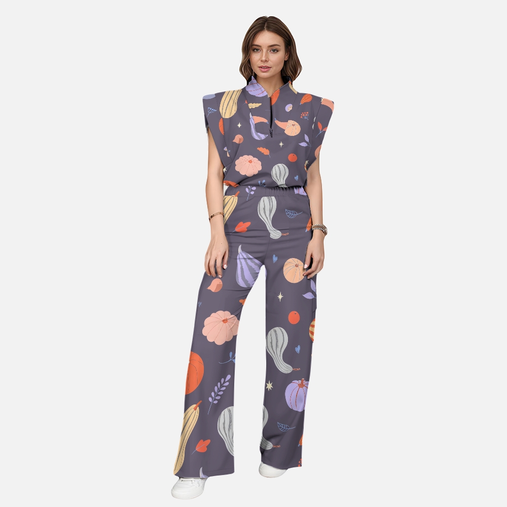 Women's Stand-Up Tie Zipper Thanksgiving Series Printed Scrub Set TS10231