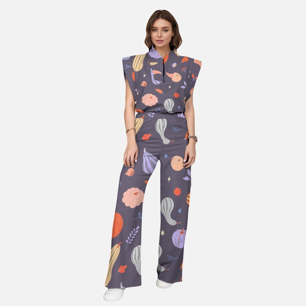 Women's Stand-Up Tie Zipper Thanksgiving Series Printed Scrub Set TS10231