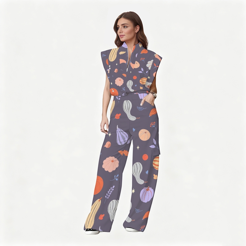 Women's Stand-Up Tie Zipper Thanksgiving Series Printed Scrub Set TS10231