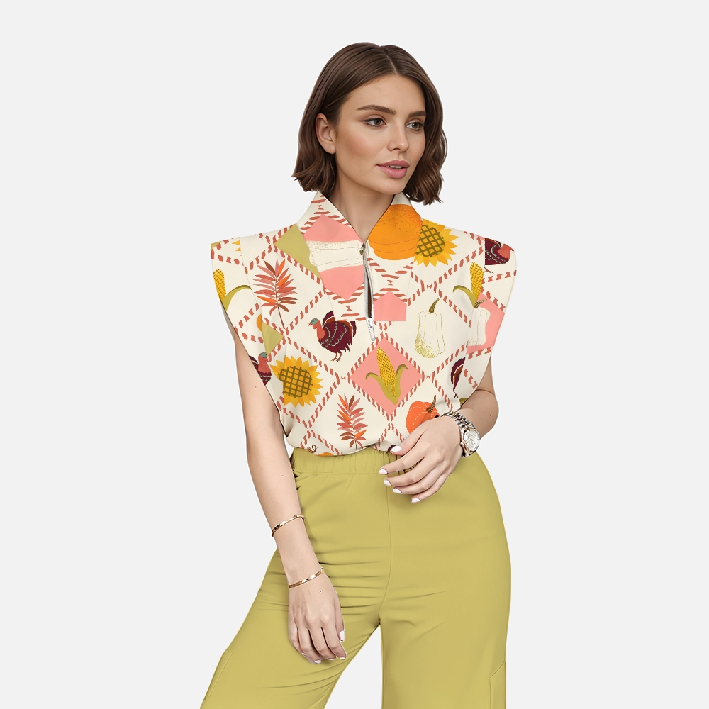 Women's Stand-Up Tie Zipper Thanksgiving Series Printed Scrub Set TS10232