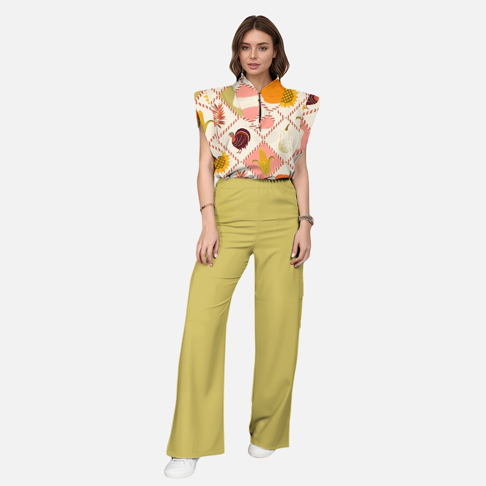 Women's Stand-Up Tie Zipper Thanksgiving Series Printed Scrub Set TS10232