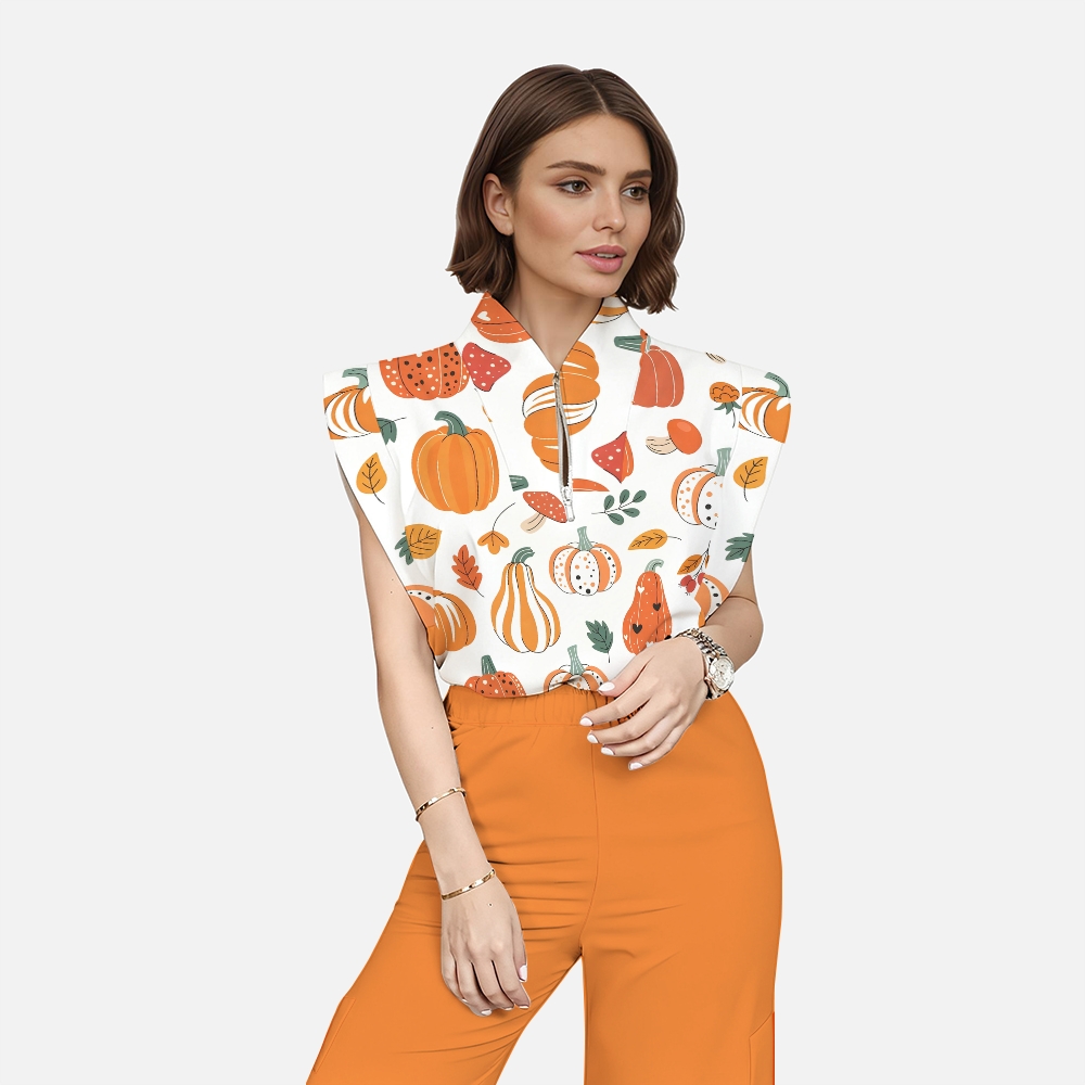 Women's Stand-Up Tie Zipper Thanksgiving Series Printed Scrub Set TS10233