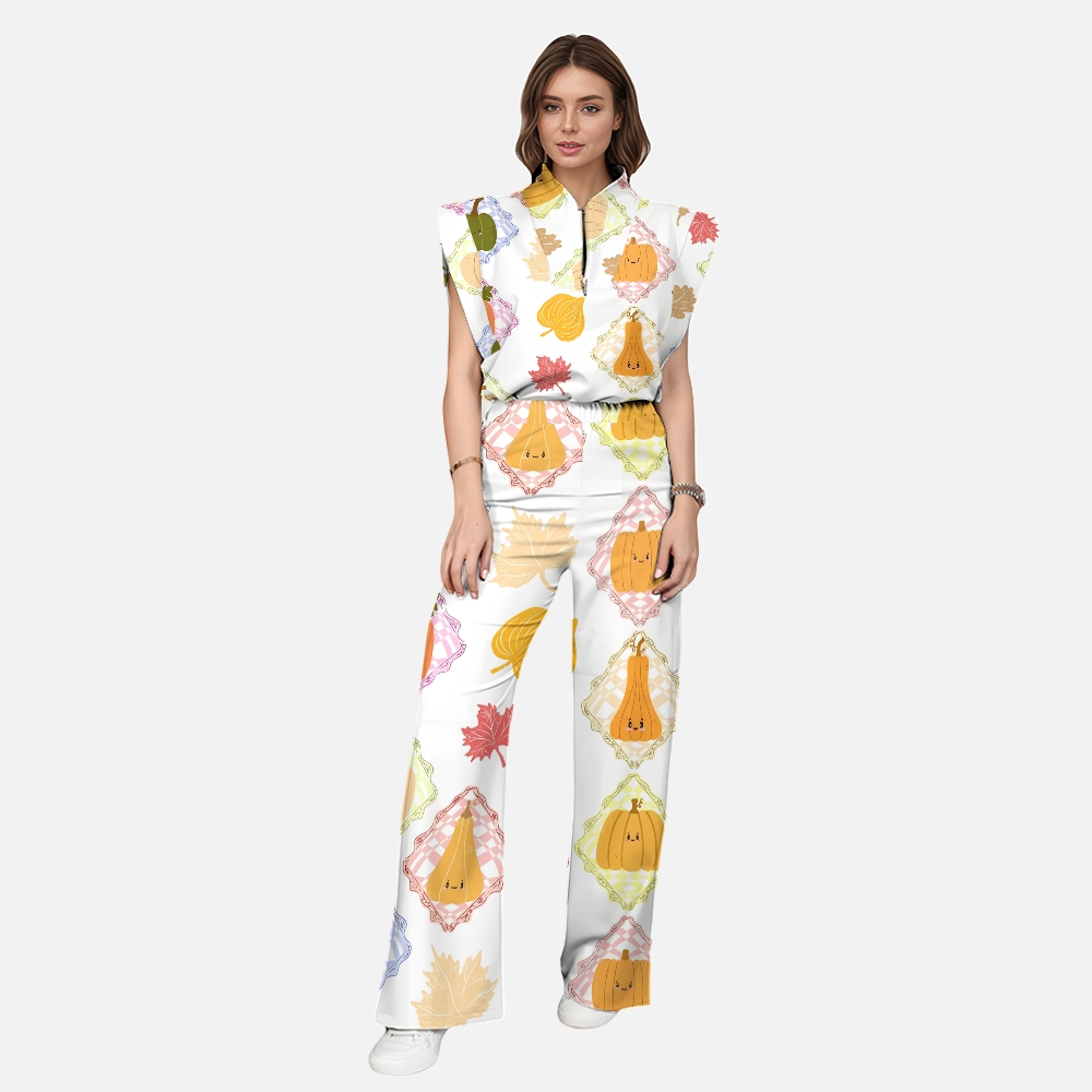 Women's Stand-Up Tie Zipper Thanksgiving Series Printed Scrub Set TS10234