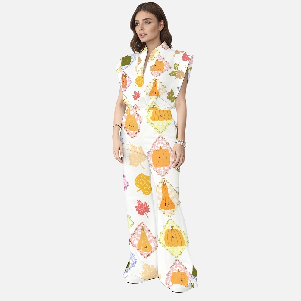 Women's Stand-Up Tie Zipper Thanksgiving Series Printed Scrub Set TS10234