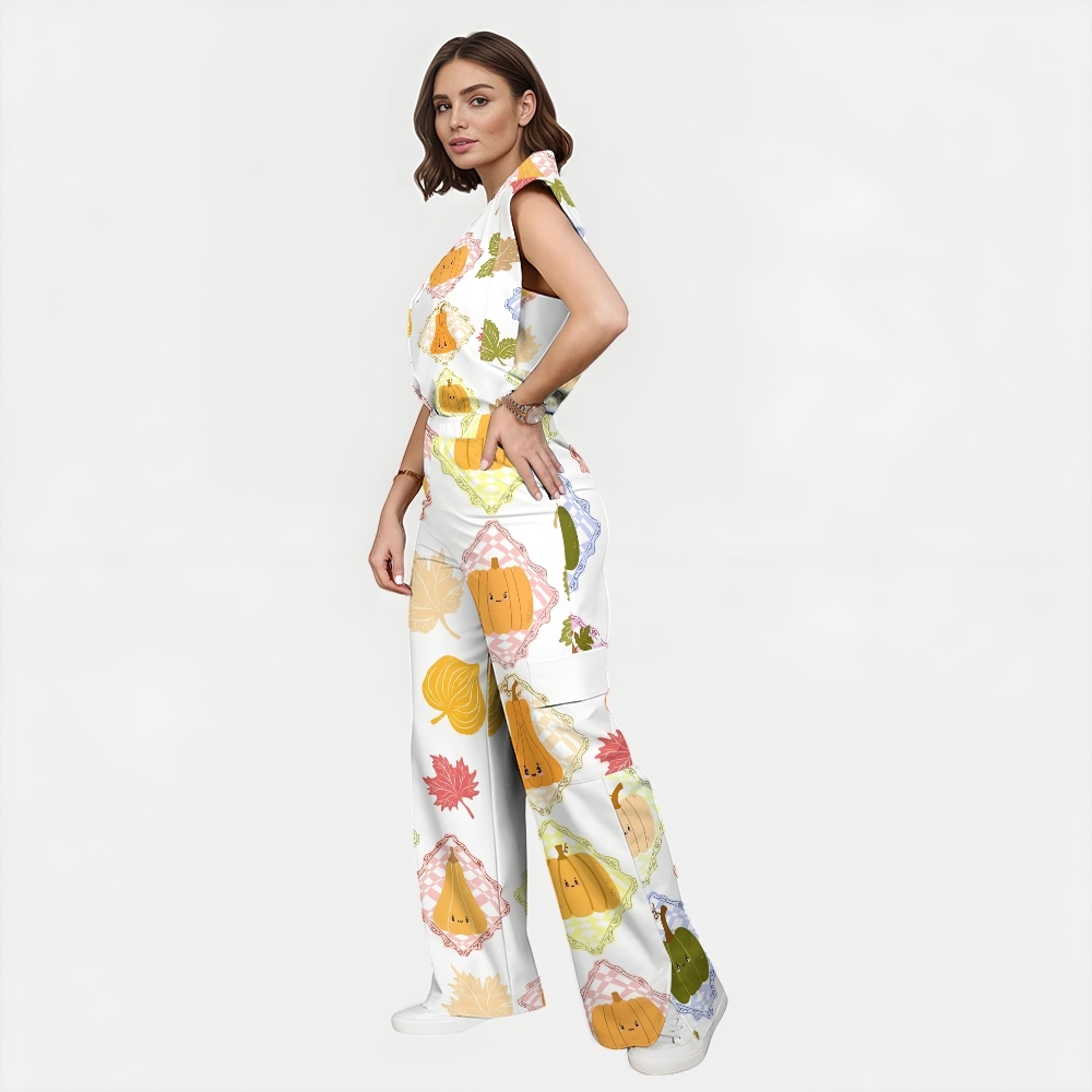 Women's Stand-Up Tie Zipper Thanksgiving Series Printed Scrub Set TS10234