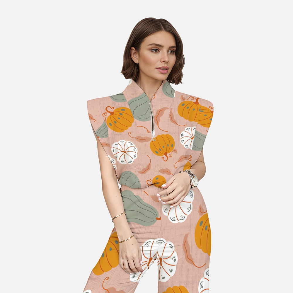 Women's Stand-Up Tie Zipper Thanksgiving Series Printed Scrub Set TS10235