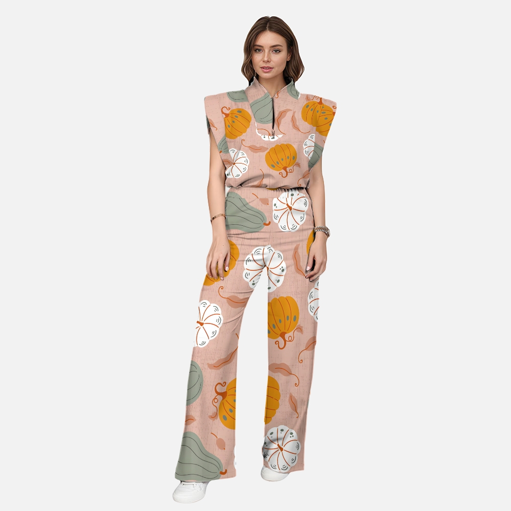 Women's Stand-Up Tie Zipper Thanksgiving Series Printed Scrub Set TS10235