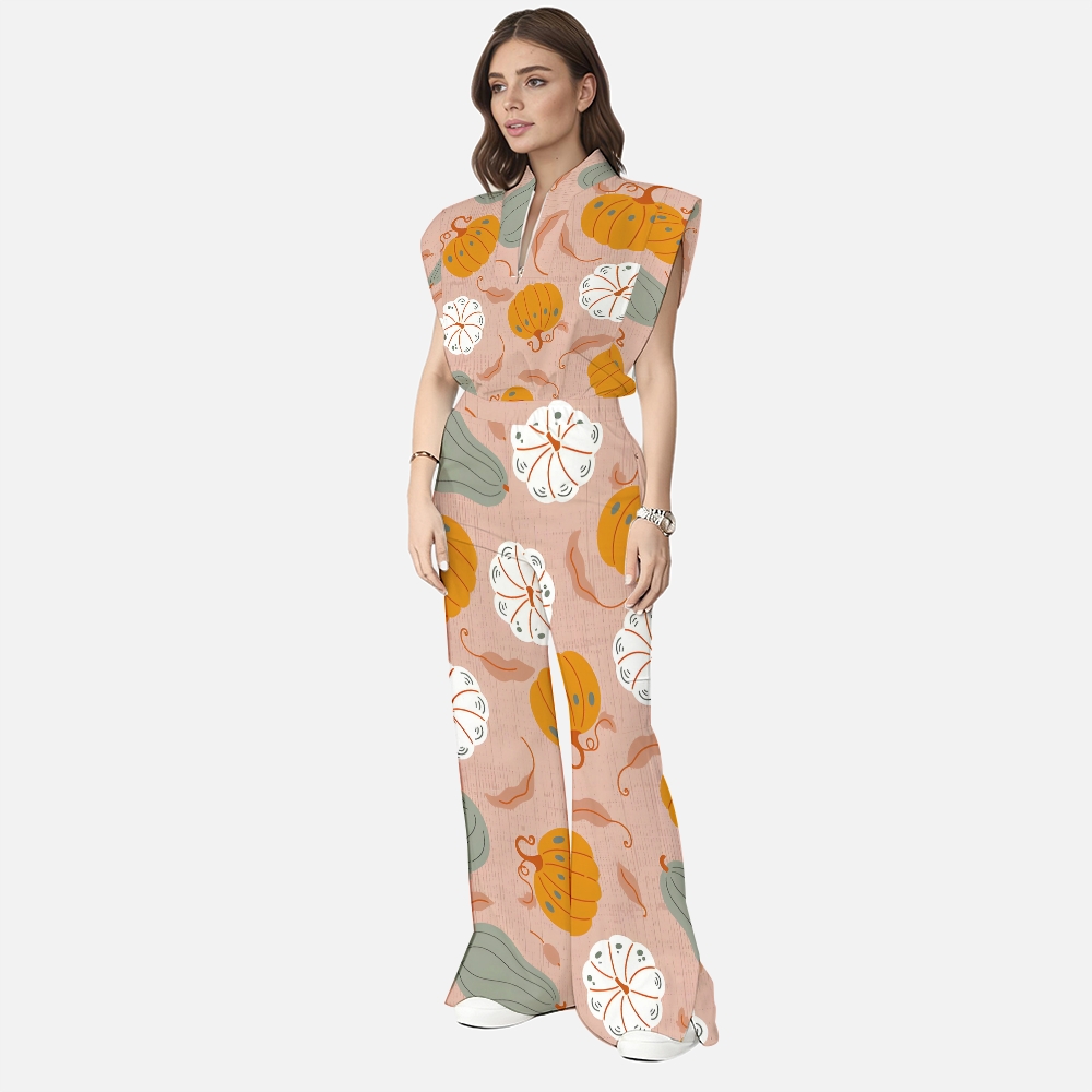 Women's Stand-Up Tie Zipper Thanksgiving Series Printed Scrub Set TS10235