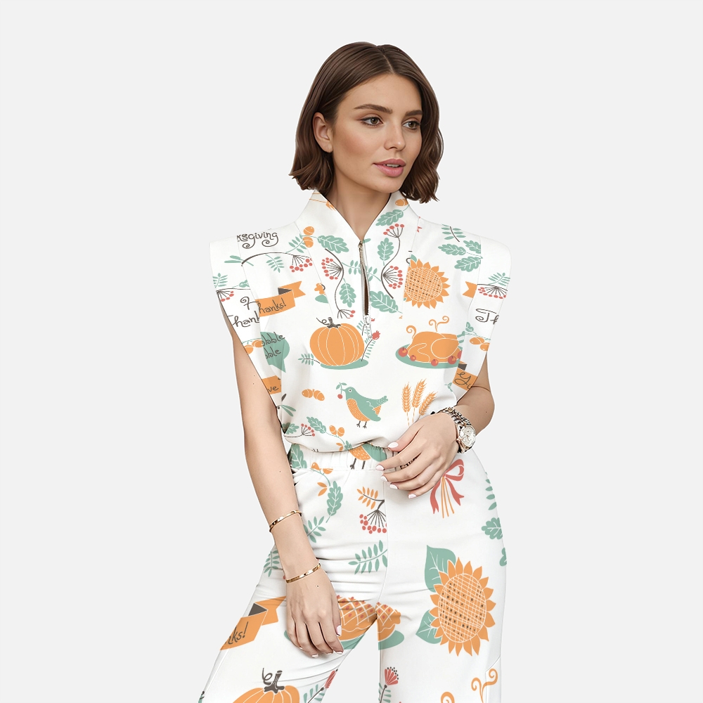 Women's Stand-Up Tie Zipper Thanksgiving Series Printed Scrub Set TS10236