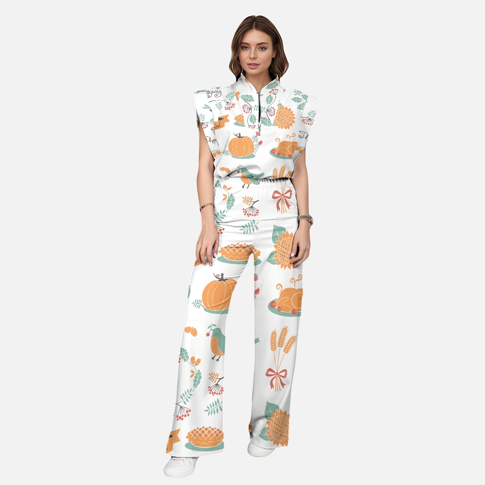 Women's Stand-Up Tie Zipper Thanksgiving Series Printed Scrub Set TS10236