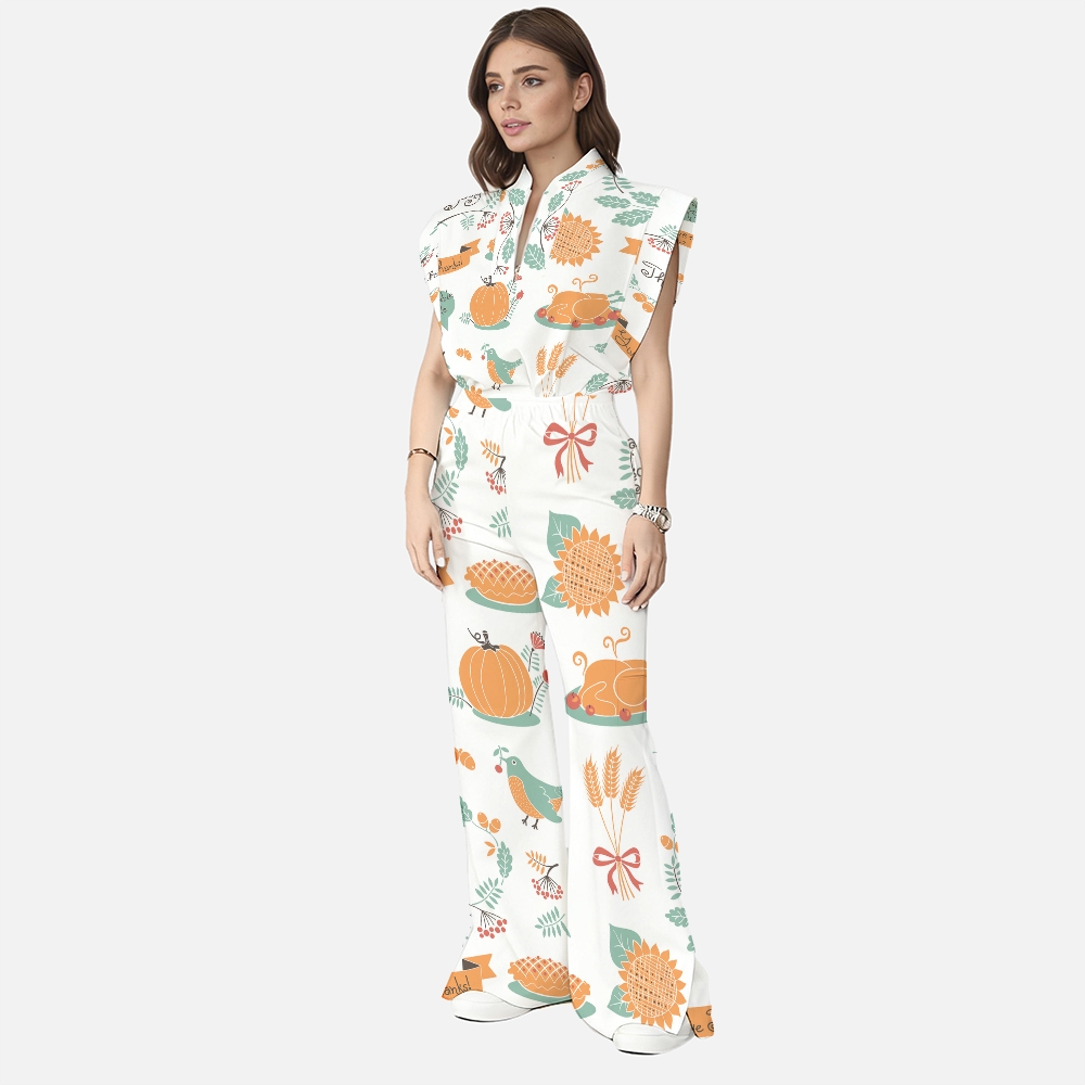 Women's Stand-Up Tie Zipper Thanksgiving Series Printed Scrub Set TS10236
