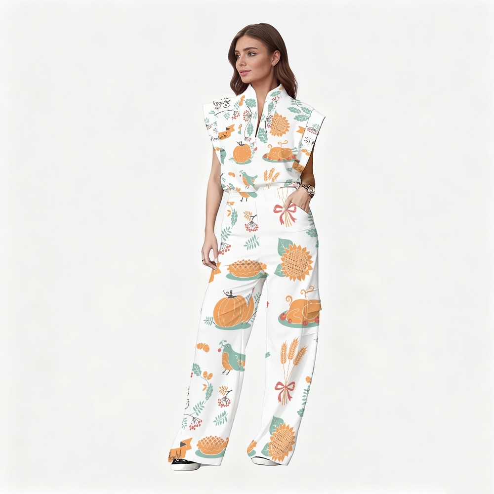 Women's Stand-Up Tie Zipper Thanksgiving Series Printed Scrub Set TS10236