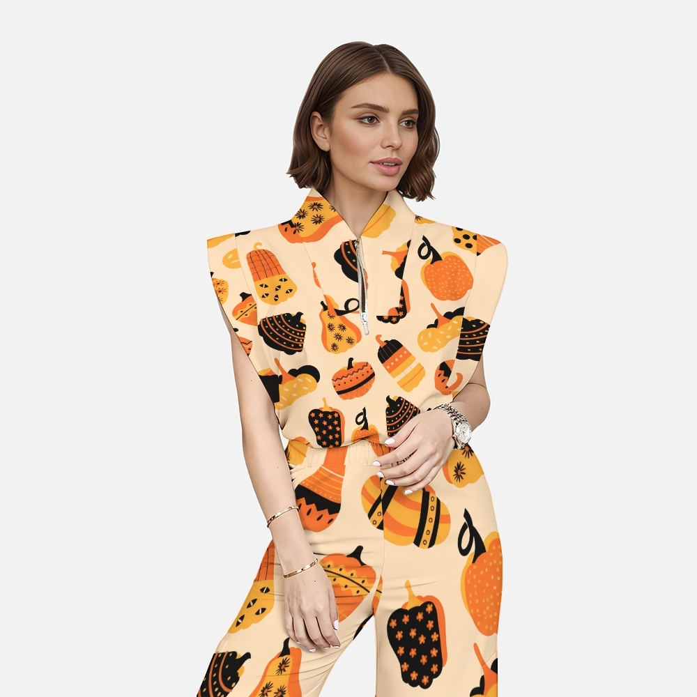 Women's Stand-Up Tie Zipper Thanksgiving Series Printed Scrub Set TS10238