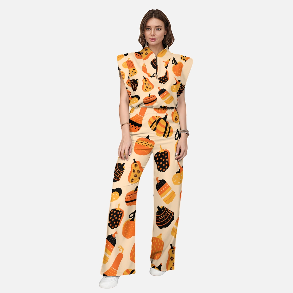 Women's Stand-Up Tie Zipper Thanksgiving Series Printed Scrub Set TS10238