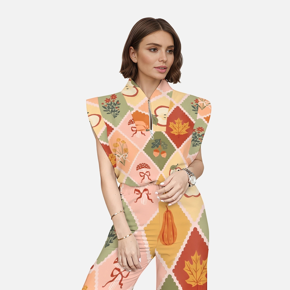 Women's Stand-Up Tie Zipper Thanksgiving Series Printed Scrub Set TS10239