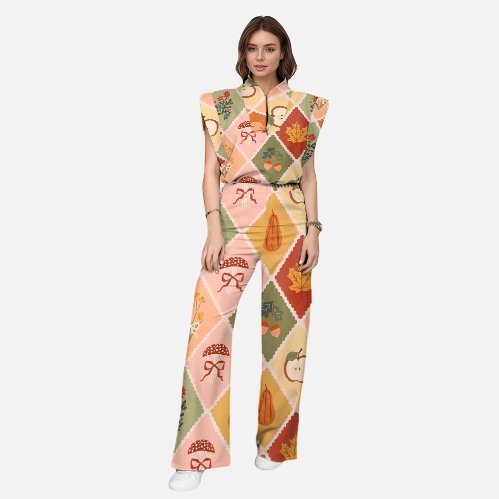 Women's Stand-Up Tie Zipper Thanksgiving Series Printed Scrub Set TS10239