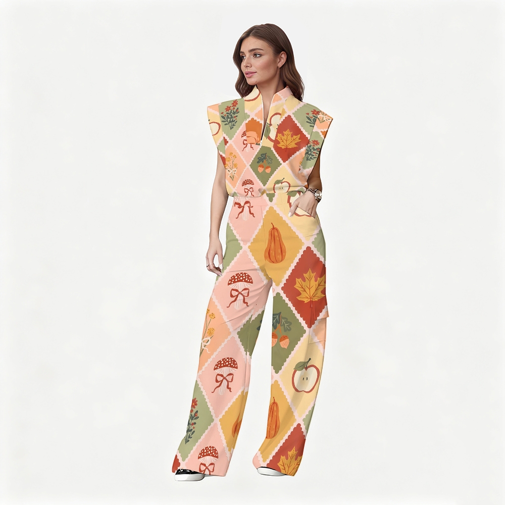 Women's Stand-Up Tie Zipper Thanksgiving Series Printed Scrub Set TS10239