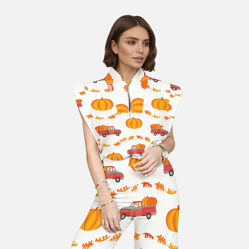 Women's Stand-Up Tie Zipper Thanksgiving Series Printed Scrub Set TS102310