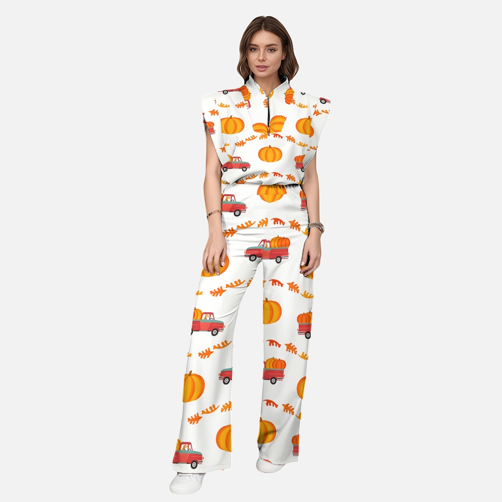 Women's Stand-Up Tie Zipper Thanksgiving Series Printed Scrub Set TS102310