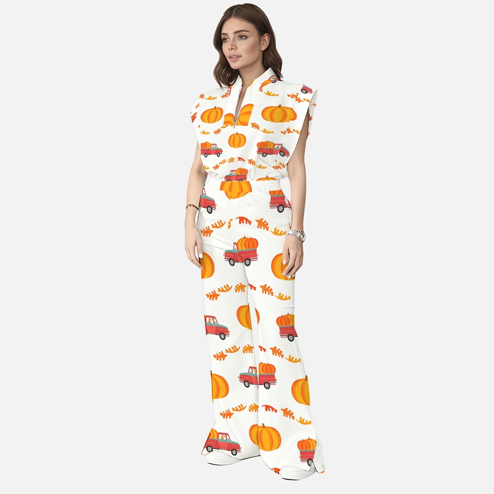 Women's Stand-Up Tie Zipper Thanksgiving Series Printed Scrub Set TS102310