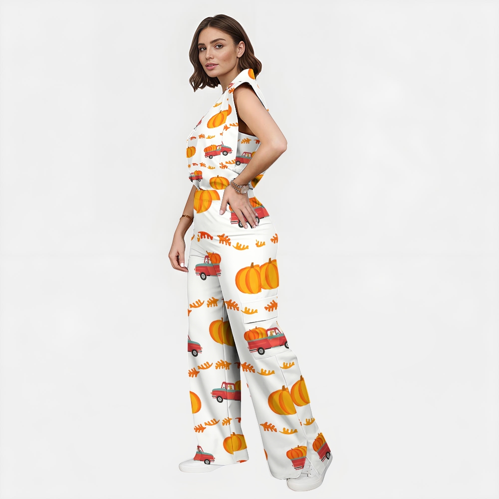 Women's Stand-Up Tie Zipper Thanksgiving Series Printed Scrub Set TS102310