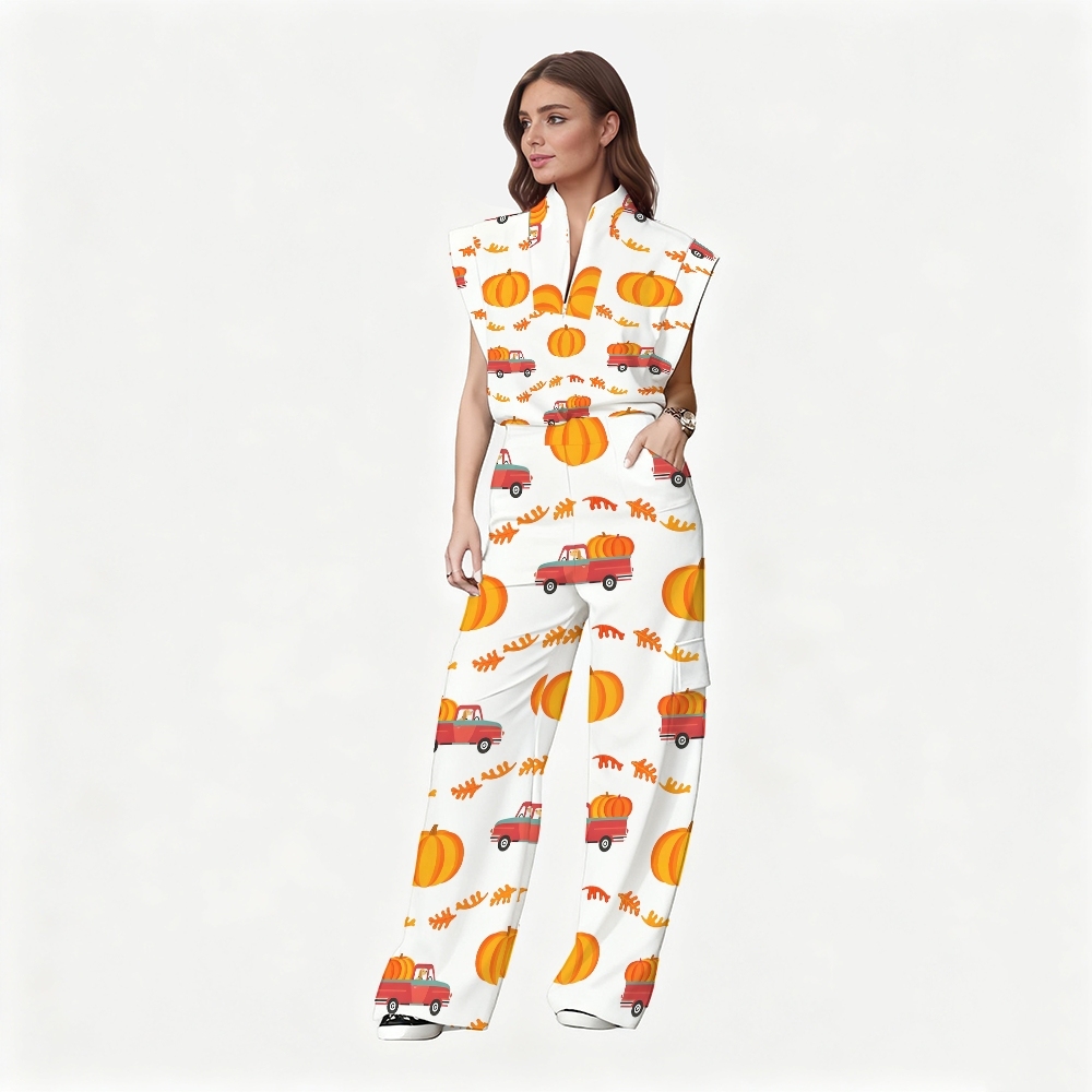 Women's Stand-Up Tie Zipper Thanksgiving Series Printed Scrub Set TS102310