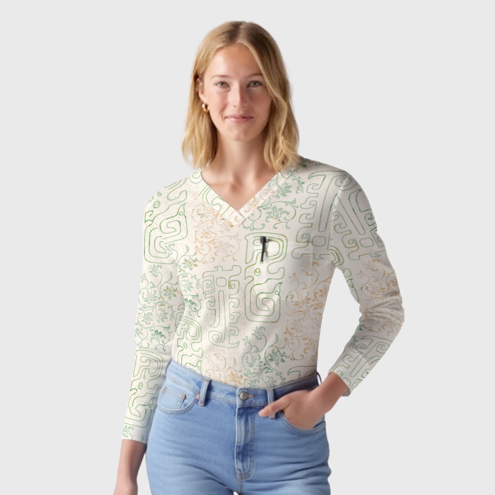 Women's Intangible Cultural Heritage Printed Long Sleeve Scrub Top  TC10241