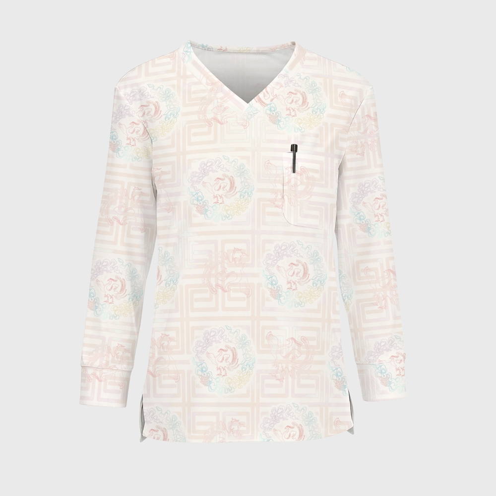 Women's Intangible Cultural Heritage Printed Long Sleeve Scrub Top  TC10242