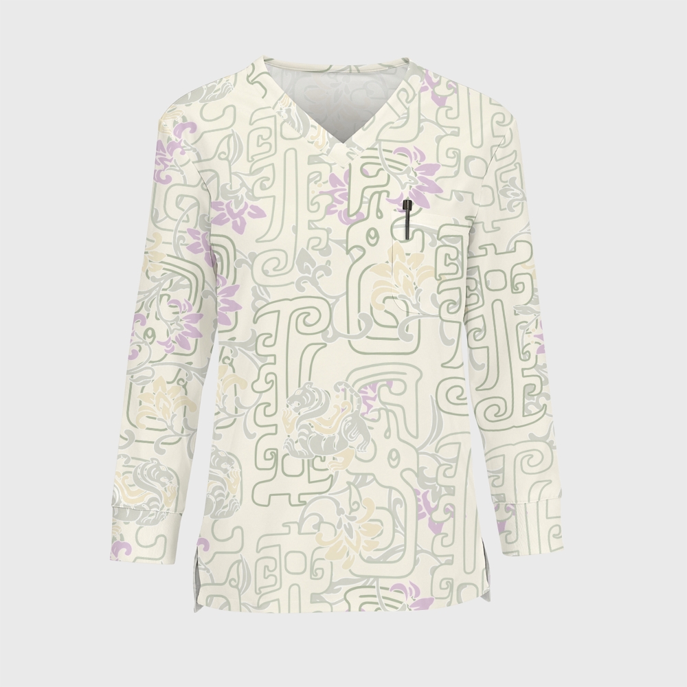 Women's Intangible Cultural Heritage Printed Long Sleeve Scrub Top  TC10243