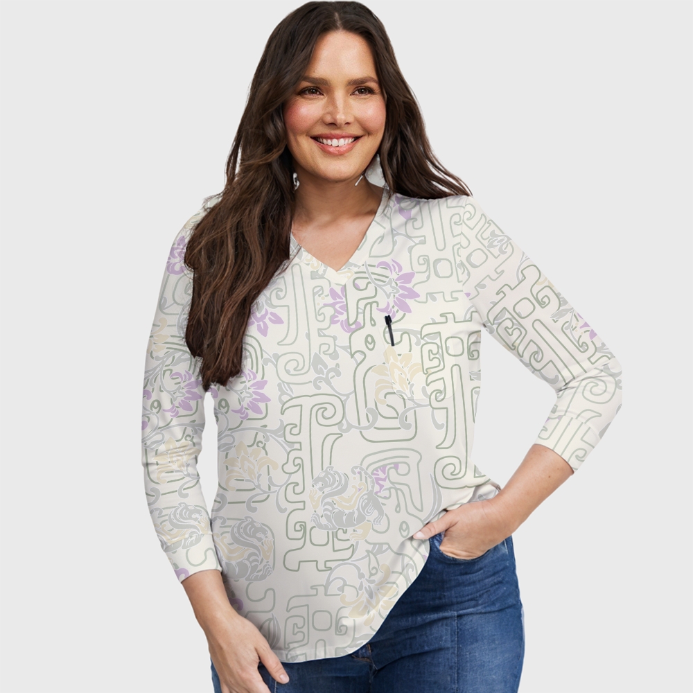 Women's Intangible Cultural Heritage Printed Long Sleeve Scrub Top  TC10243
