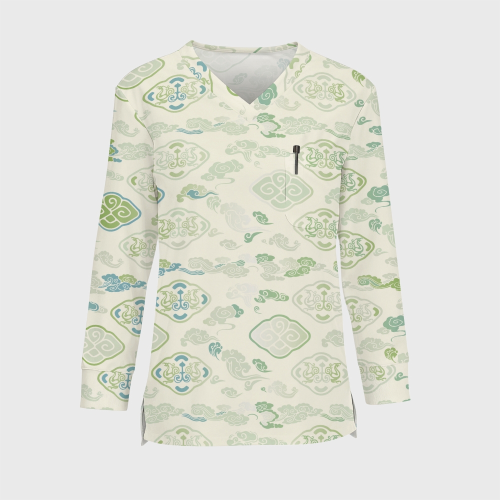 Women's Intangible Cultural Heritage Printed Long Sleeve Scrub Top  TC10244