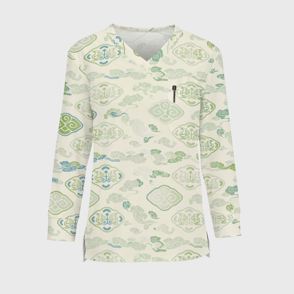 Women's Intangible Cultural Heritage Printed Long Sleeve Scrub Top  TC10244