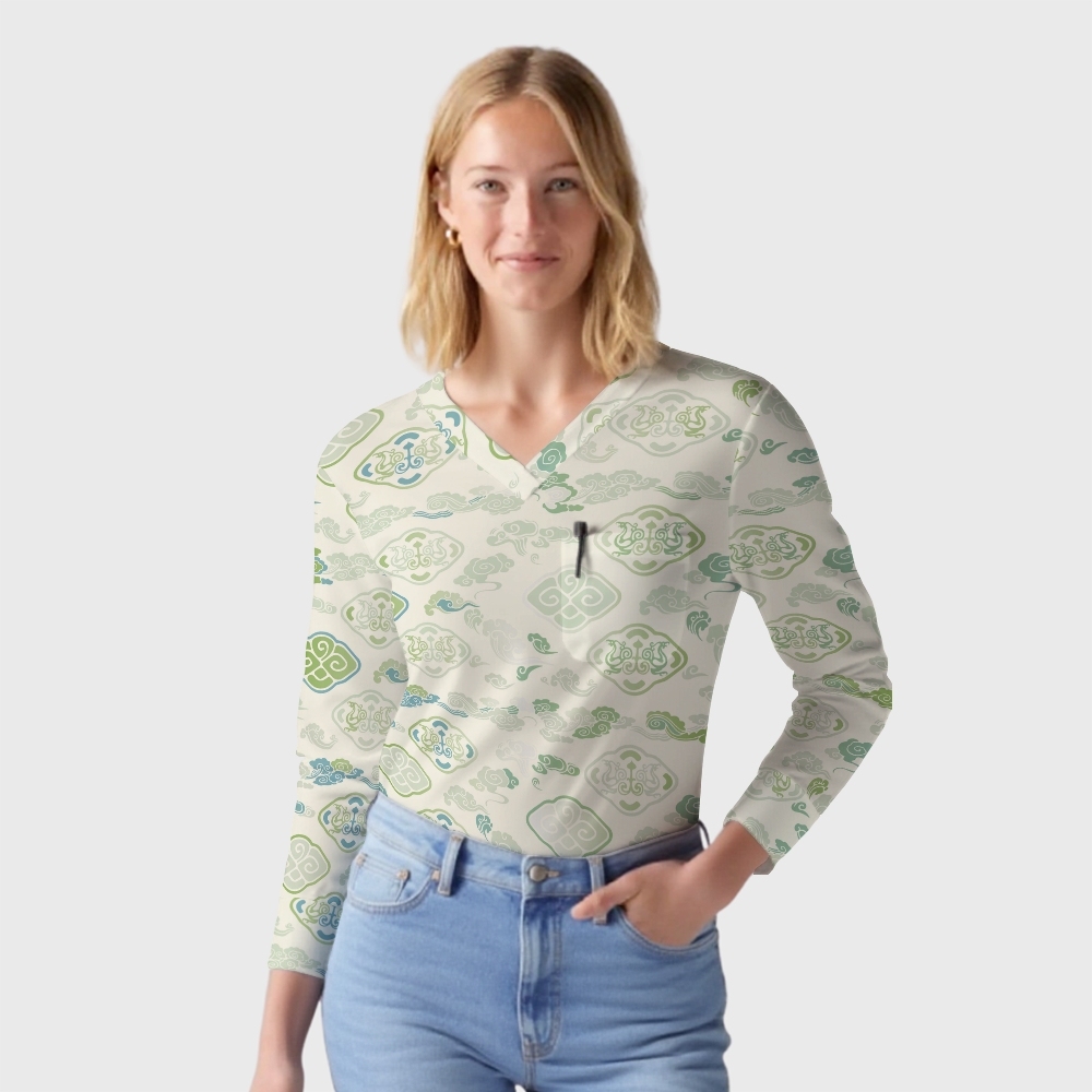 Women's Intangible Cultural Heritage Printed Long Sleeve Scrub Top  TC10244