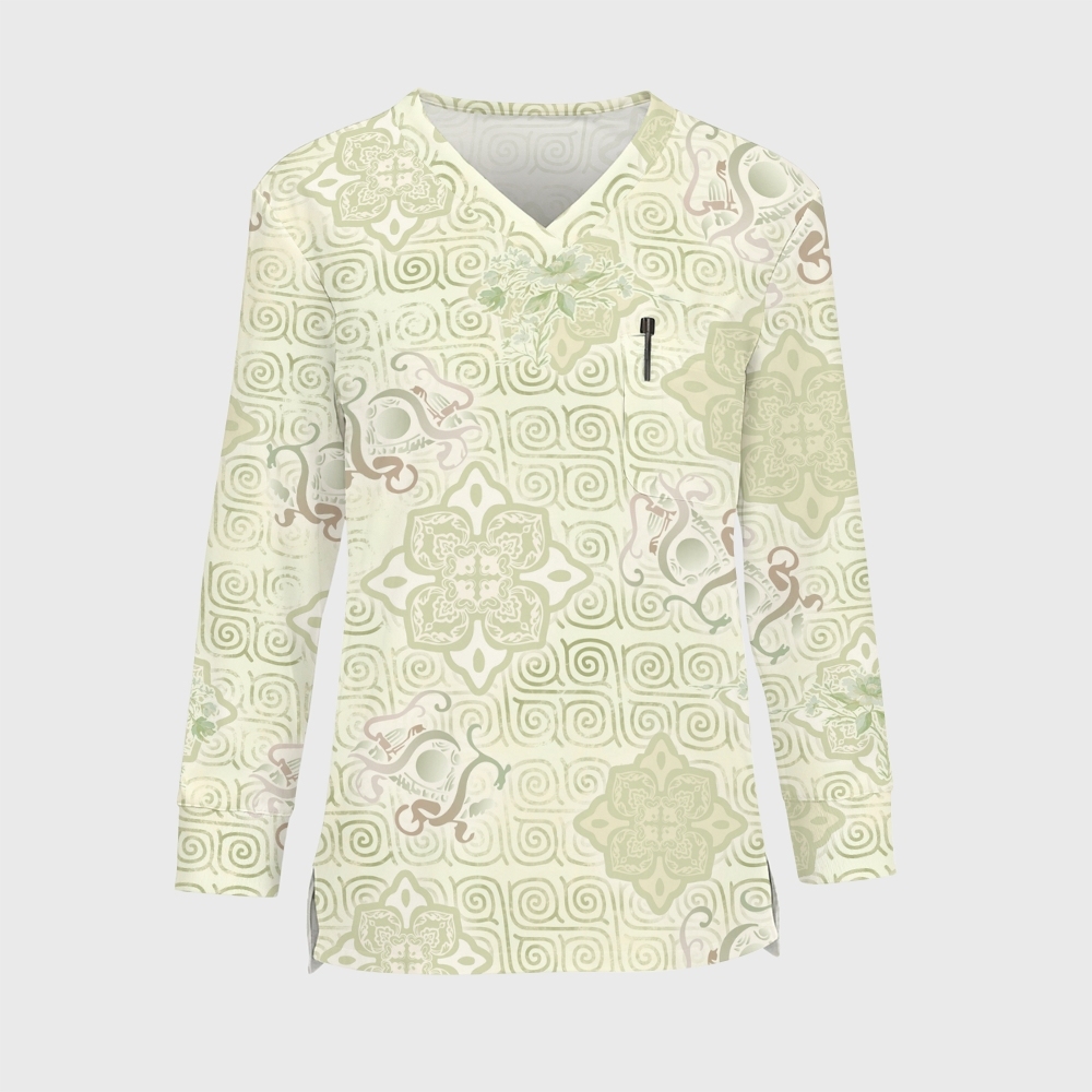 Women's Intangible Cultural Heritage Printed Long Sleeve Scrub Top  TC10245