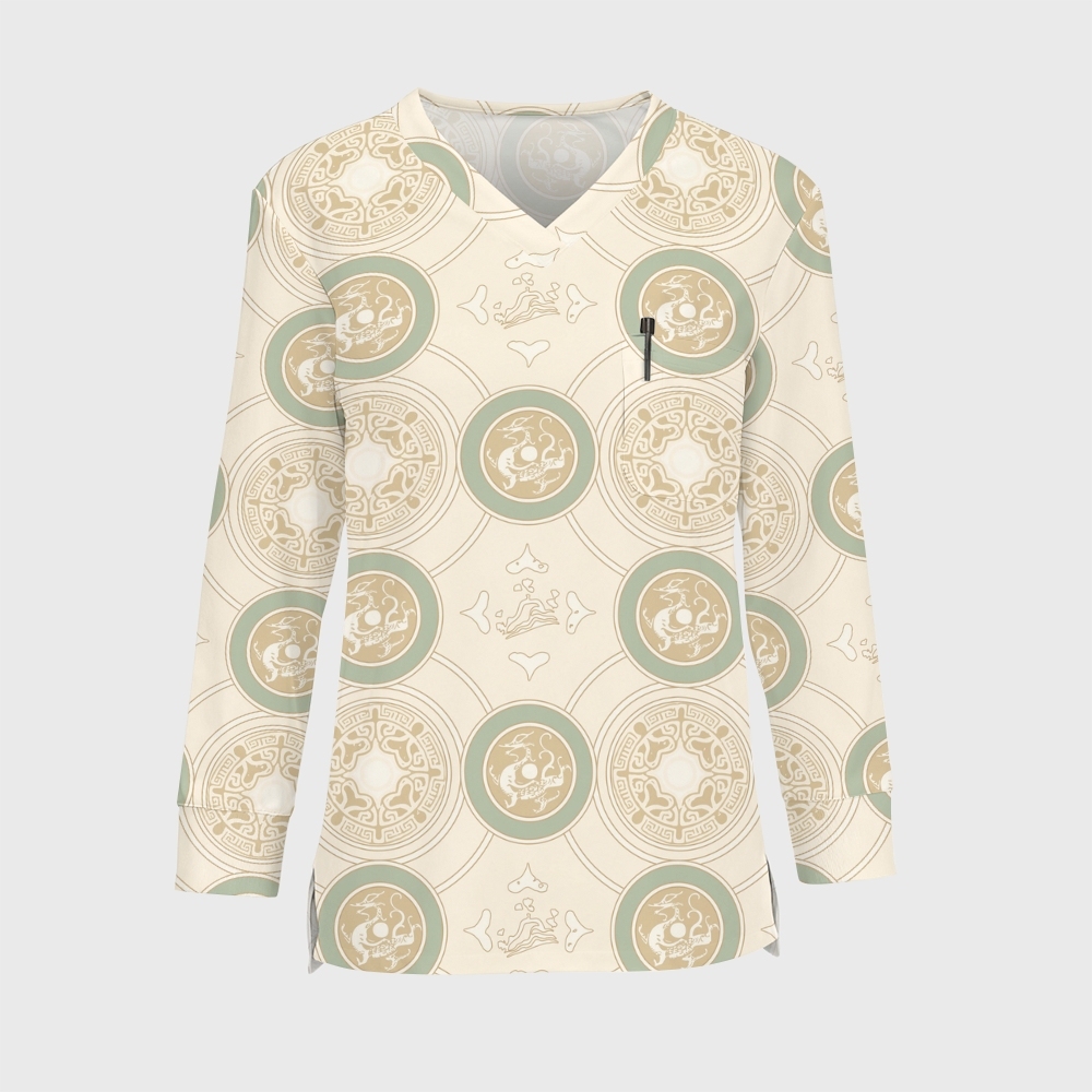 Women's Intangible Cultural Heritage Printed Long Sleeve Scrub Top  TC10246