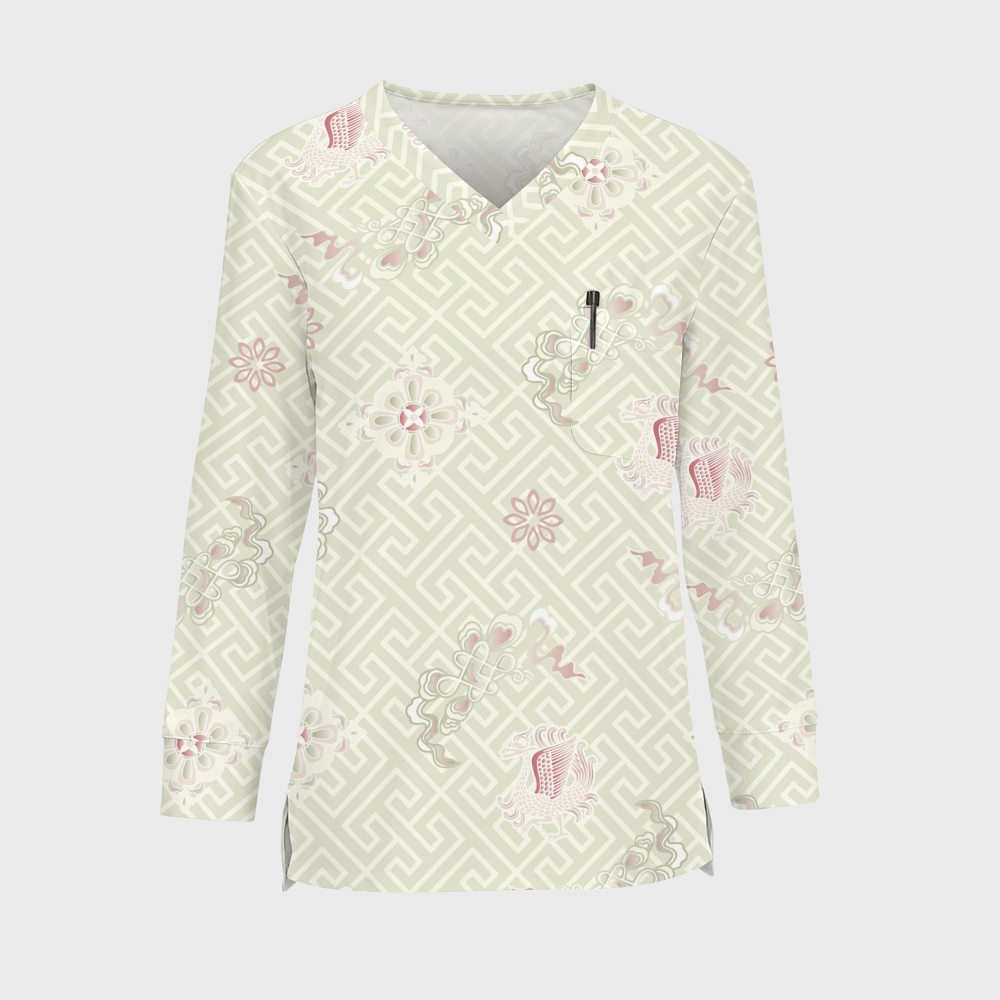 Women's Intangible Cultural Heritage Printed Long Sleeve Scrub Top  TC10248