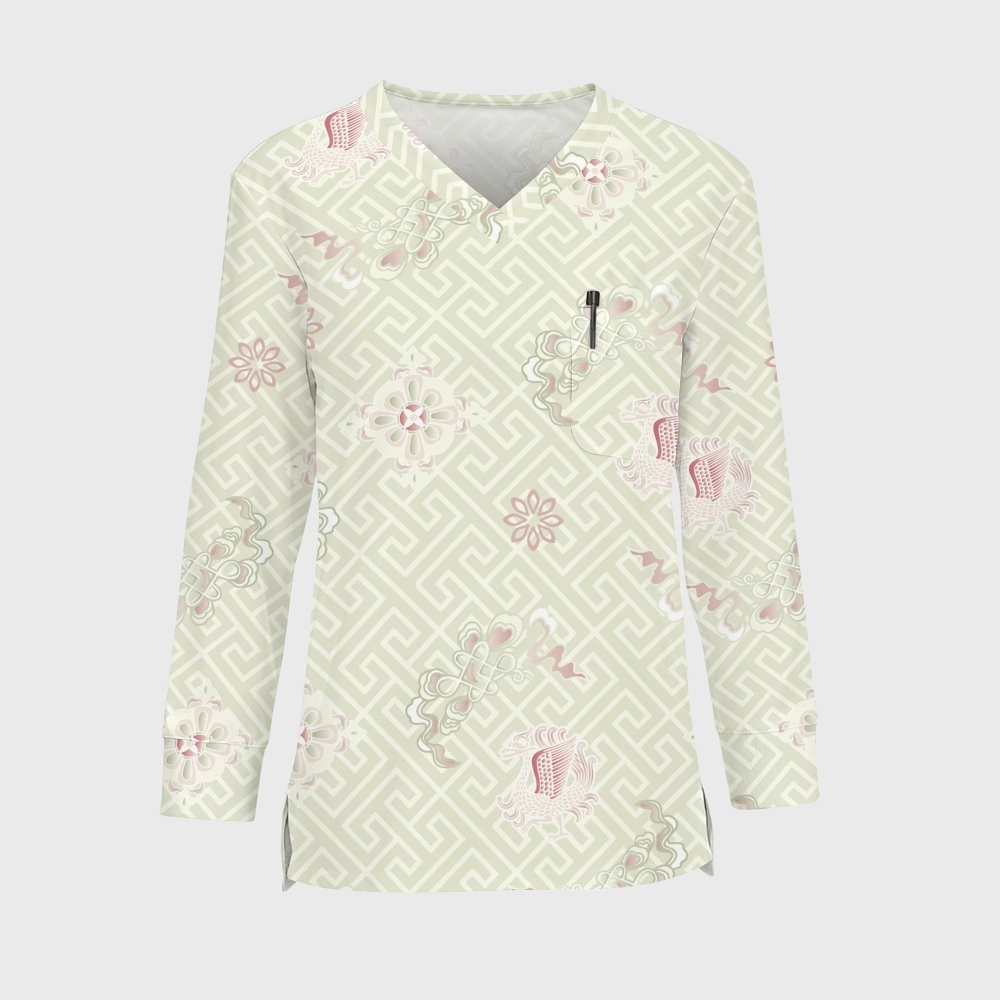 Women's Intangible Cultural Heritage Printed Long Sleeve Scrub Top  TC10248