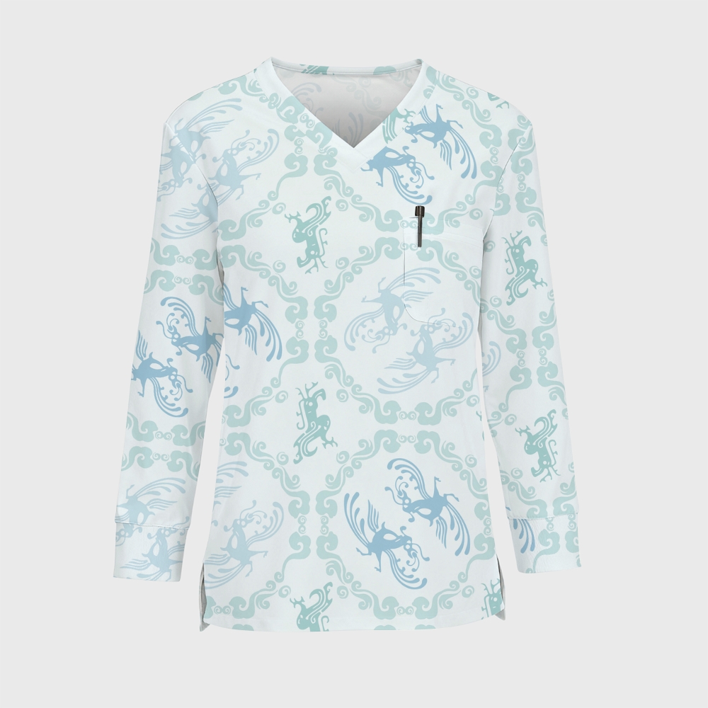 Women's Intangible Cultural Heritage Printed Long Sleeve Scrub Top  TC10249