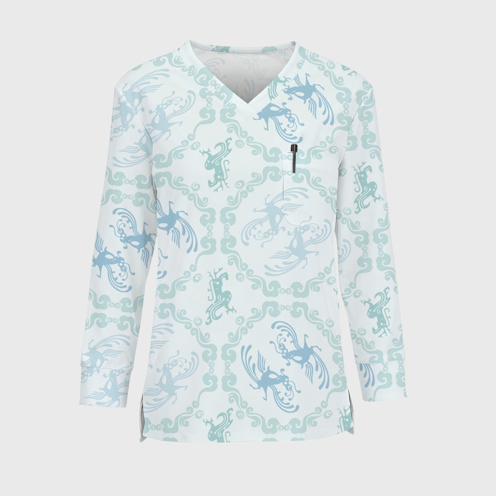 Women's Intangible Cultural Heritage Printed Long Sleeve Scrub Top  TC10249