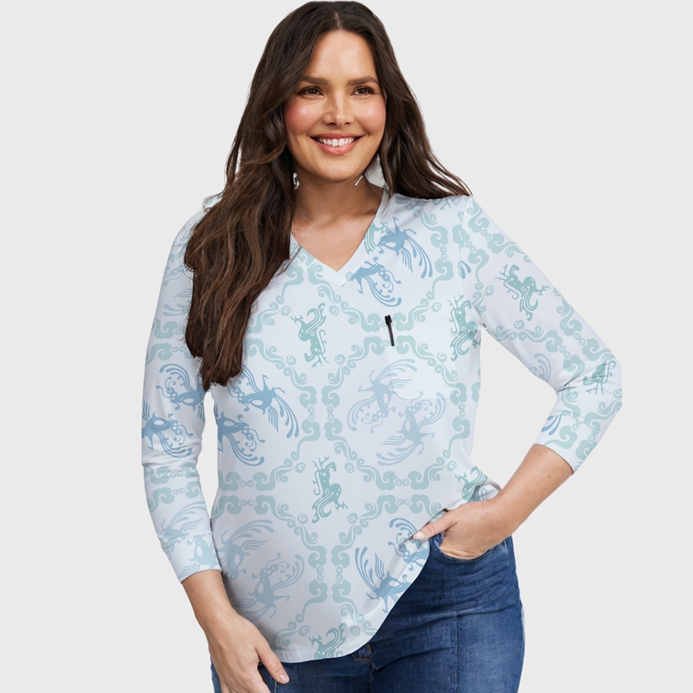 Women's Intangible Cultural Heritage Printed Long Sleeve Scrub Top  TC10249