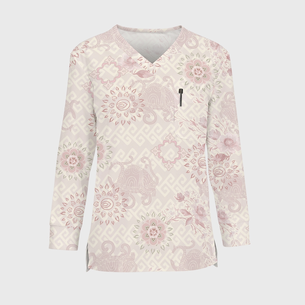 Women's Intangible Cultural Heritage Printed Long Sleeve Scrub Top  TC102410