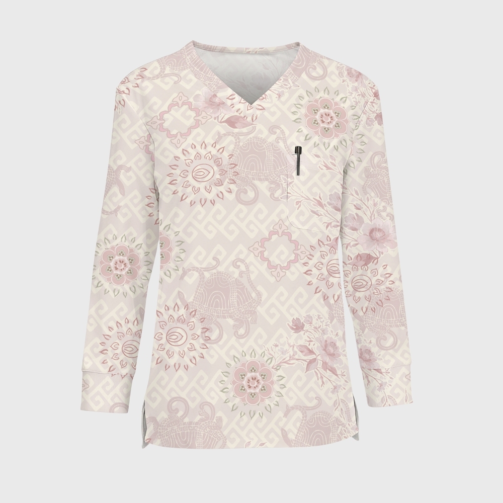 Women's Intangible Cultural Heritage Printed Long Sleeve Scrub Top  TC102410