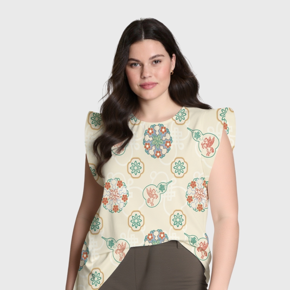 Women's Intangible Cultural Heritage Flying Sleeve Printed Scrub Top CT10272