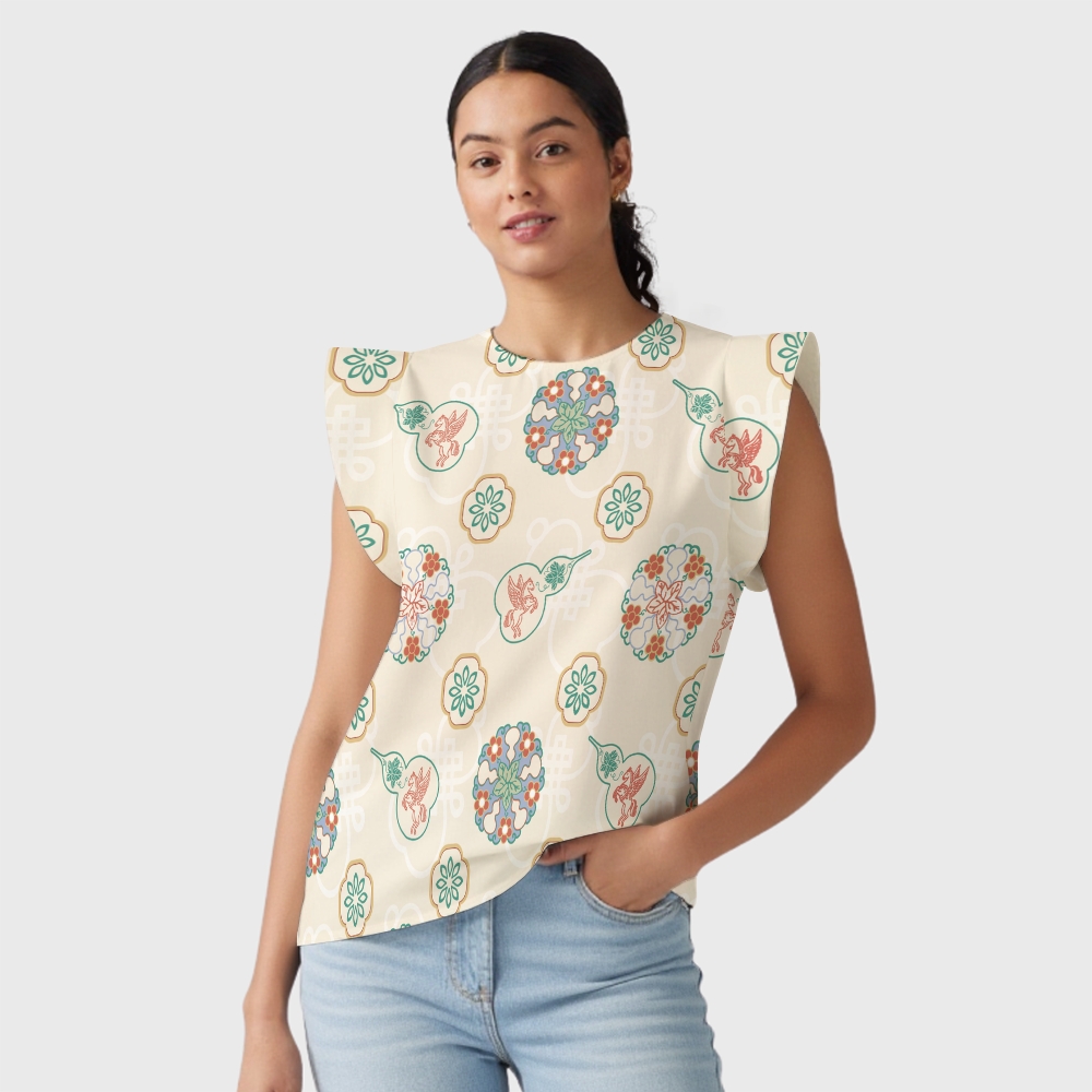 Women's Intangible Cultural Heritage Flying Sleeve Printed Scrub Top CT10272