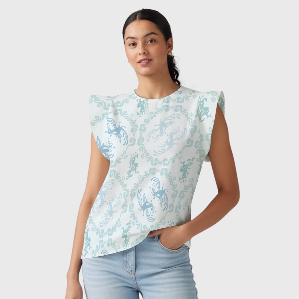 Women's Intangible Cultural Heritage Flying Sleeve Printed Scrub Top CT10276