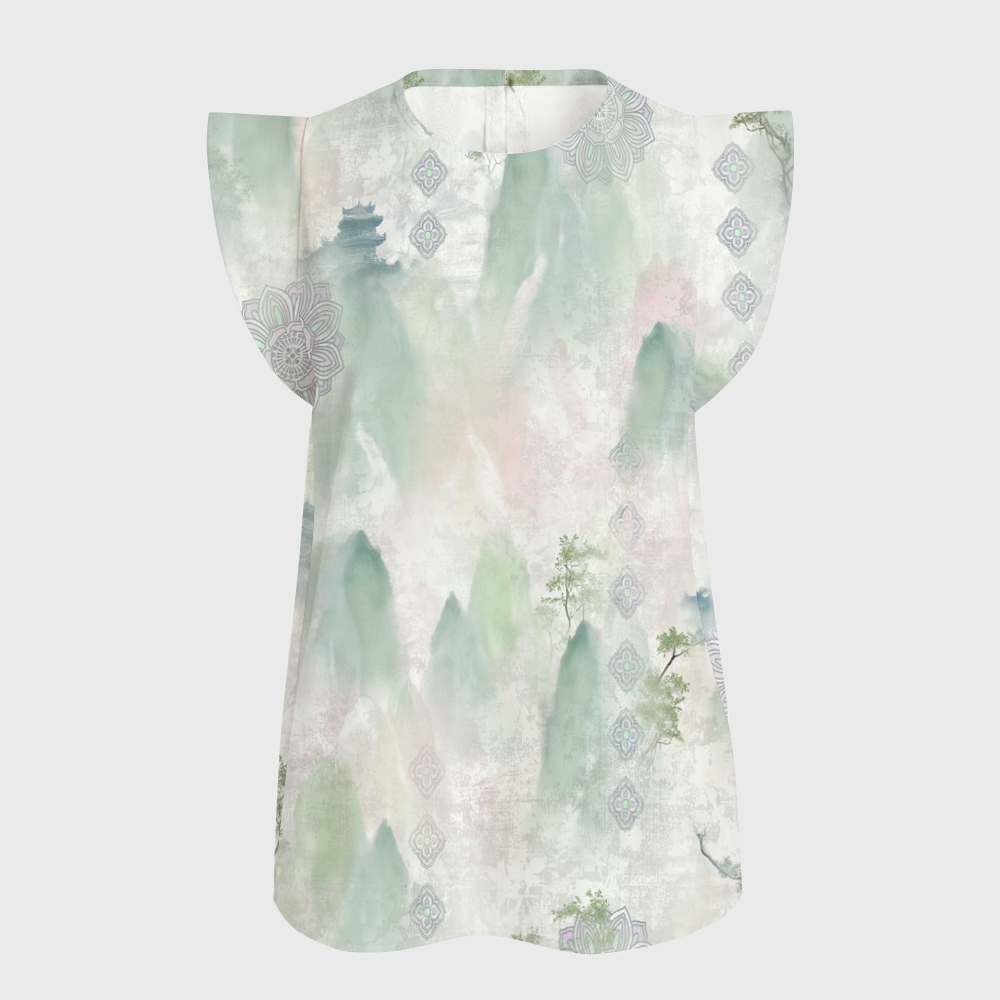 Women's Intangible Cultural Heritage Flying Sleeve Printed Scrub Top CT10277